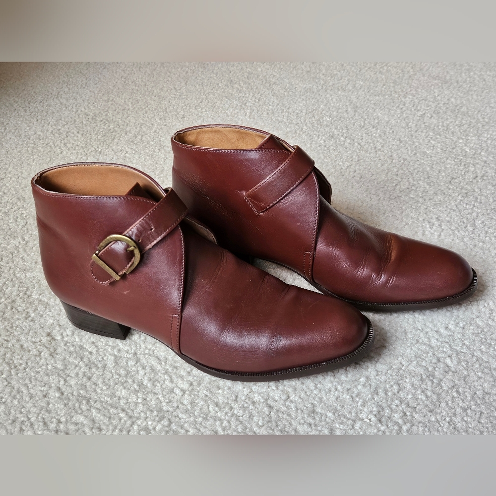 Etienne Aigner Ankle Boots Womens 8 Monk Buckle Strap Brown Leather Block Heels